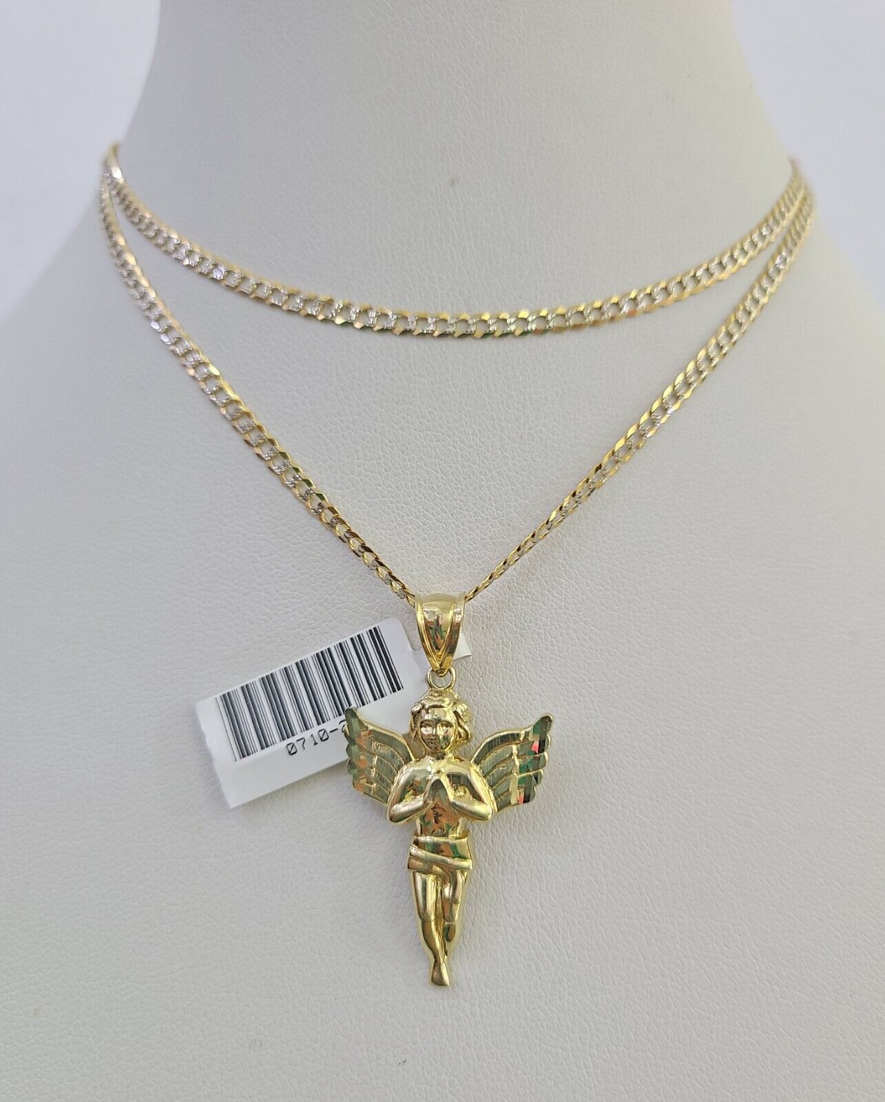 10k Solid Gold Cuban Curb Chain Praying Angel Pendant 2mm 18"-24" SET Necklace